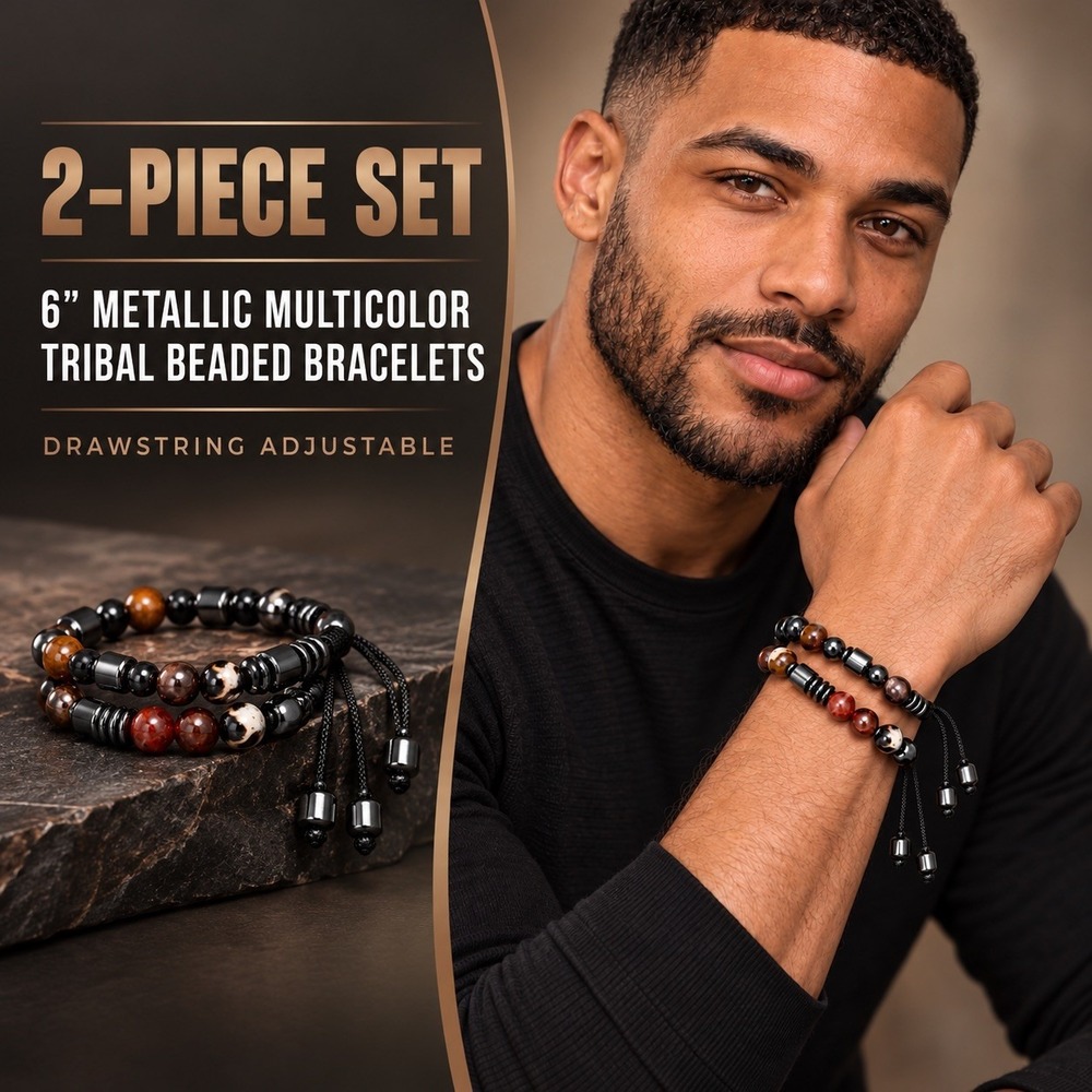 Men's 2Pc 6" Metallic Multicolor Tribal Beaded Bracelets Drawstring Adjustable